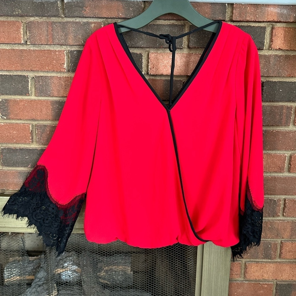 #9)  I.N. San Francisco gorgeous wrap style black trim red blouse.